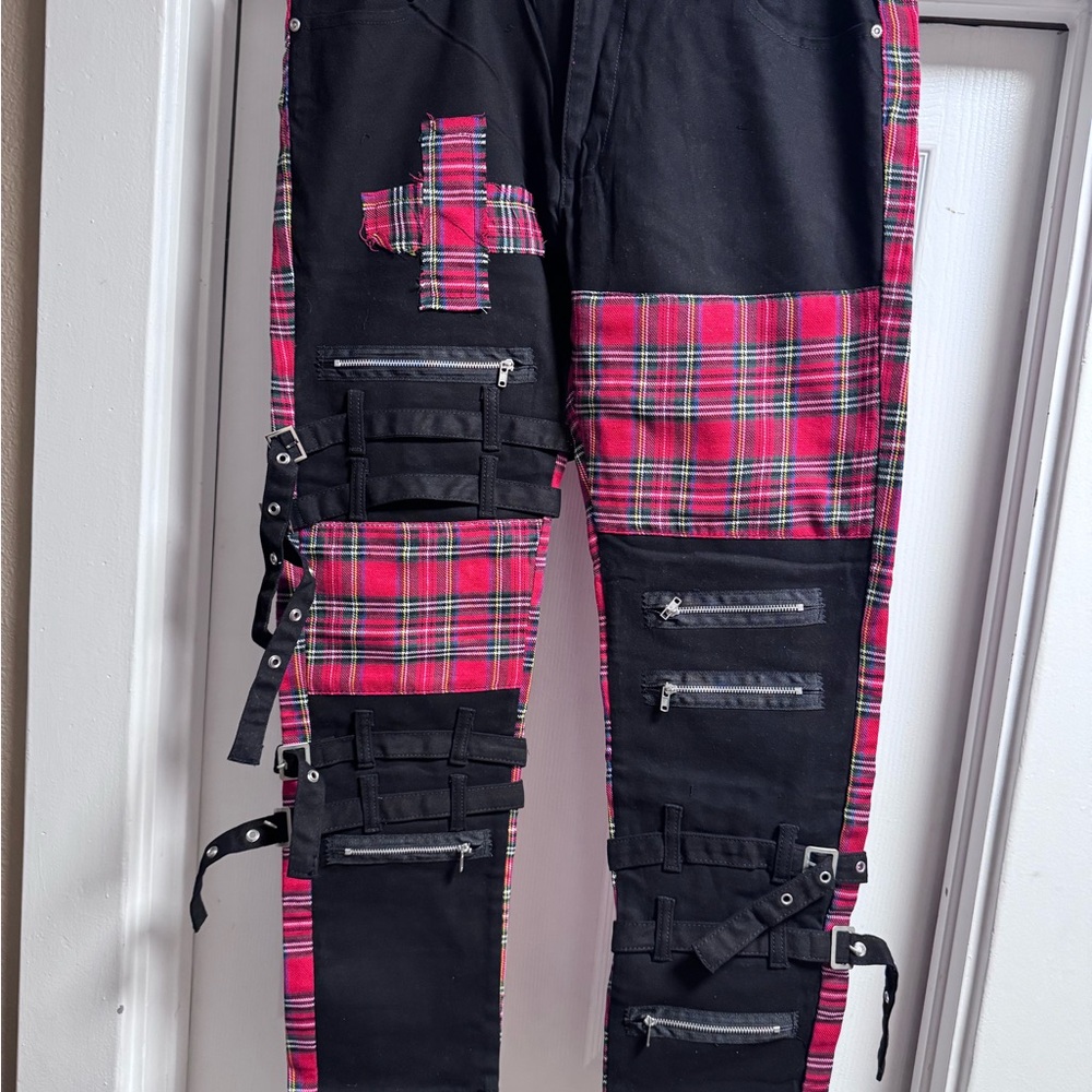 Edgy Plaid and Black Zipper Pants